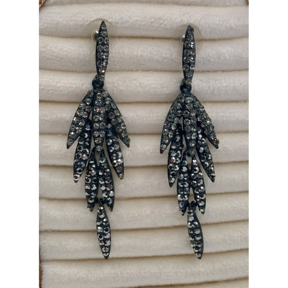 1990s Dangle Earrings Gunmetal Black Rhinestone Leaf Cascade Vintage Glam Retro
